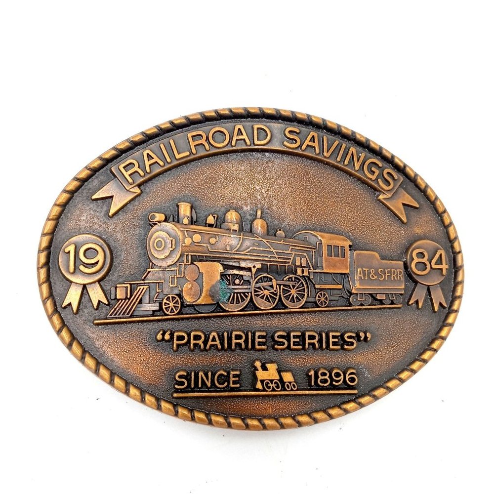 Santa Fe Prairie Series Belt Buckle Railroad Savings 1984 Train Engine Newton KS